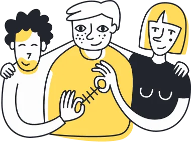 Grafika Osoby wspierające osobę z chorobą przewlekłą. Osoba chora przewlekle ma na sobie logo Fundacji Ludzie i Medycyna