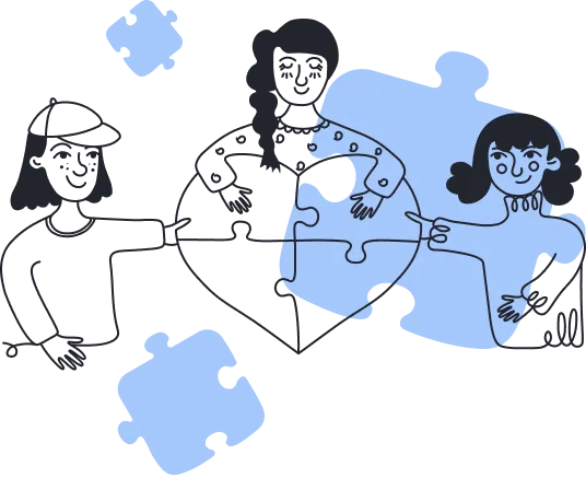 Baner strony Chcę pomóc - ikona przedstawia wolontariuszy, którzy trzymają puzzle tworzące serce